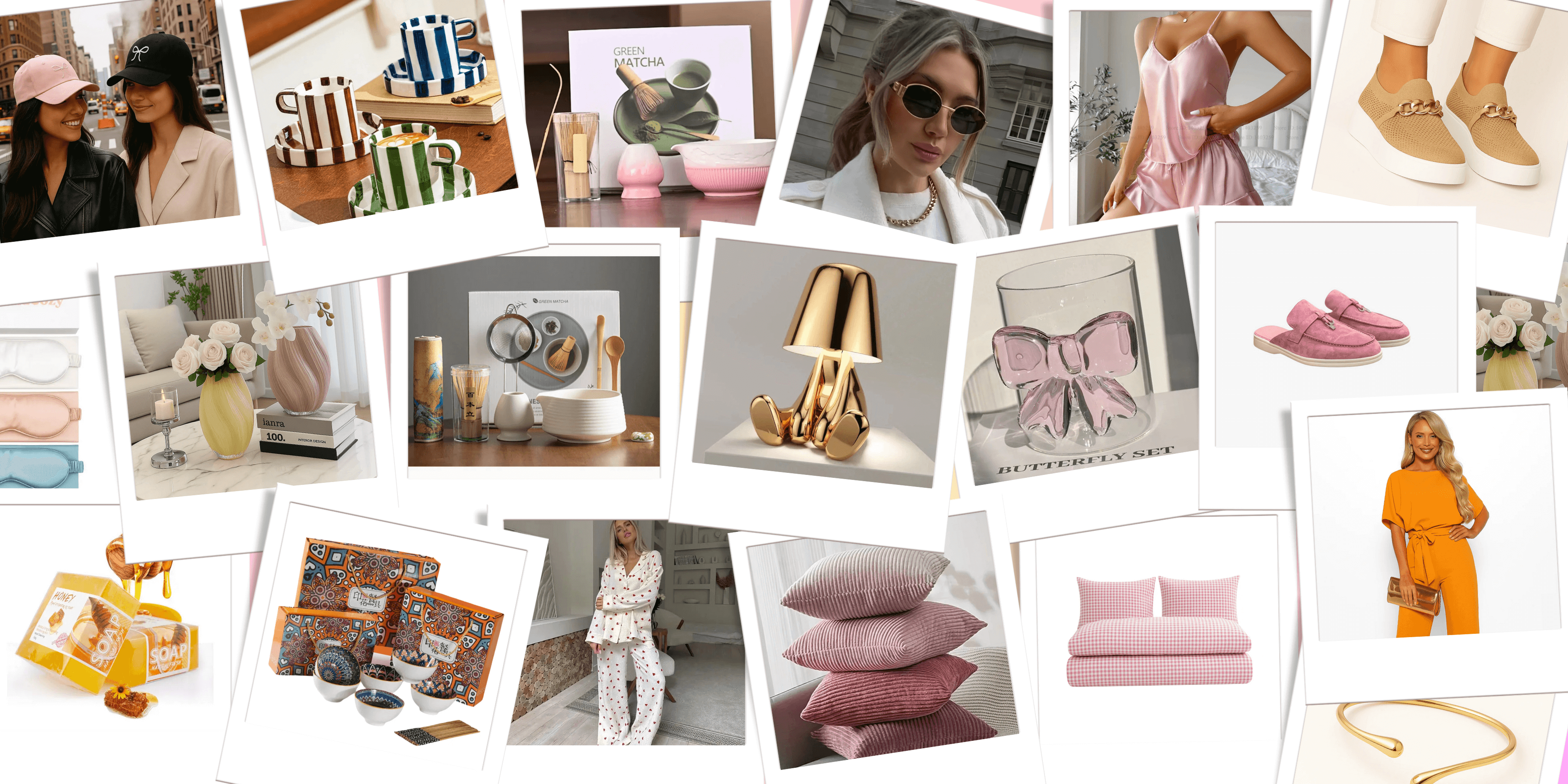 Collage of trendy fashion, home decor, and accessories featuring stylish outfits, footwear, and decorative items.