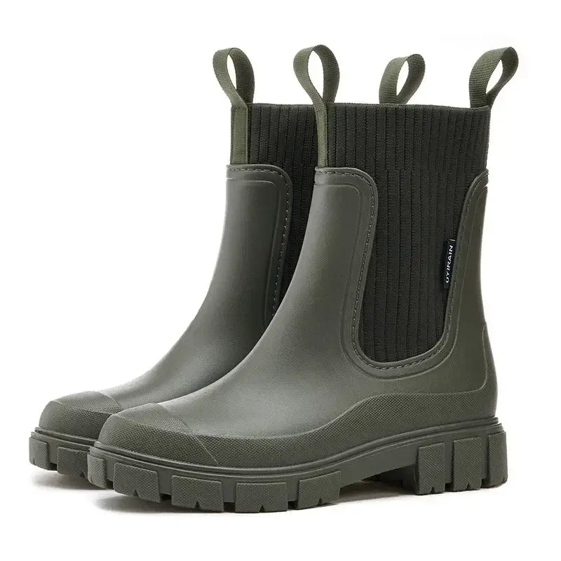 Chelsea rain boots, waterproof Wellington boots with ribbed elastic collar for women.