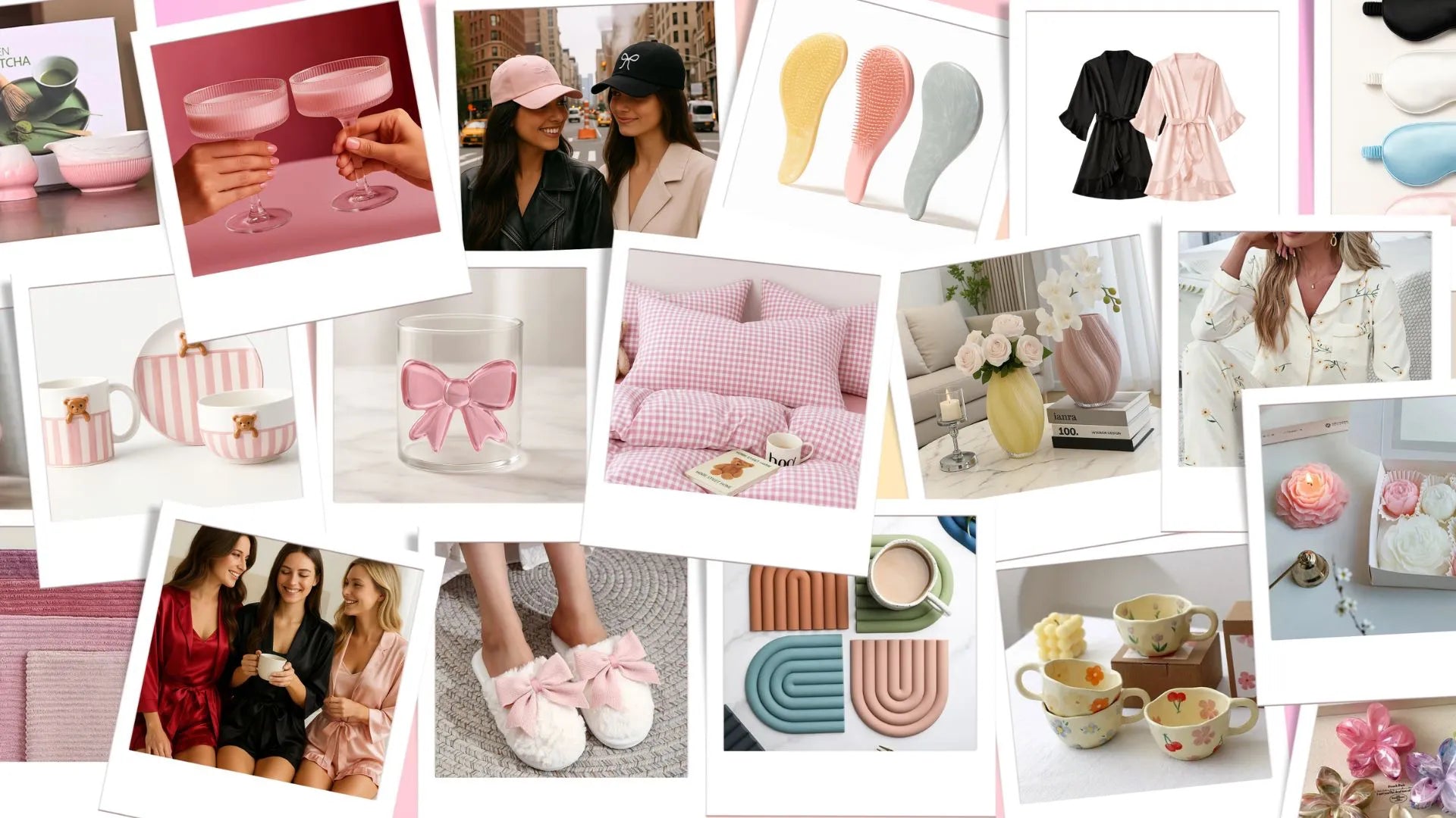 Collage of cozy lifestyle products including loungewear, mugs, vases, and bedding in soft pastel tones.