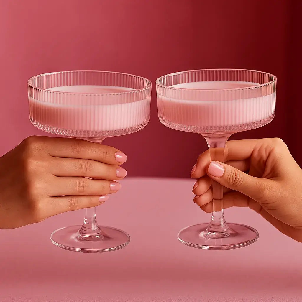 Two hands holding pink ribbed glasses in a cheers gesture, symbolizing the beginning of Kitsch & Cozy