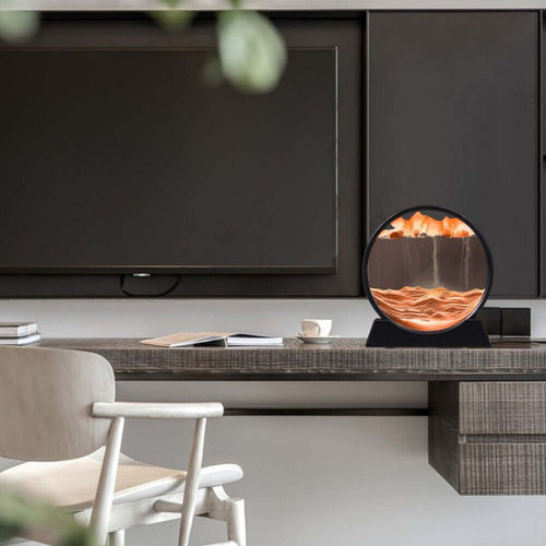 3D moving sand art decoration on a modern office desk, creating calming landscapes with gentle rotation.