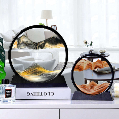 Elegant 3D moving sand art in black frames, showcasing flowing dunes and mountains for home and office decor.