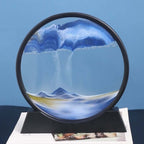 3D moving sand art sculpture with blue and yellow sand landscapes in a circular glass frame, a relaxing home decor accent.