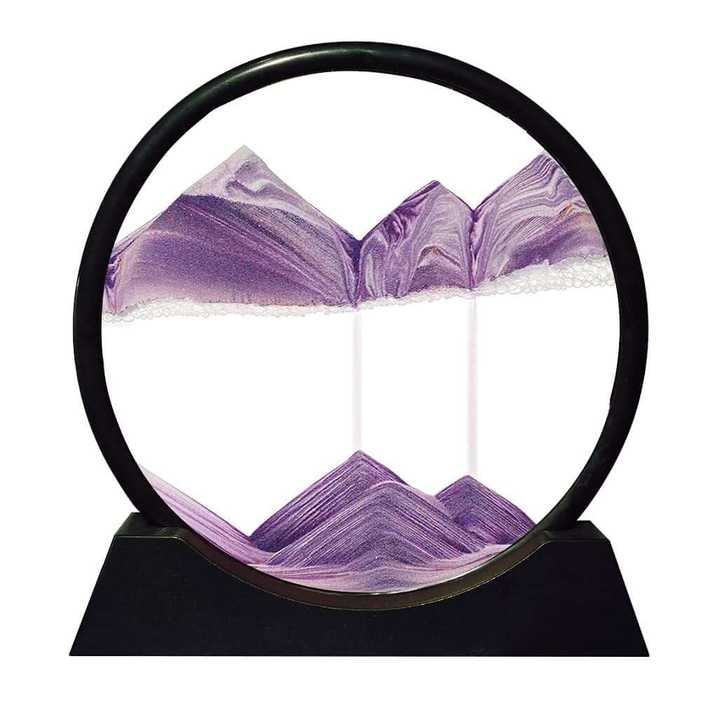3D moving sand art in a circular frame, showcasing purple mountains and flowing dunes, a relaxing glass decoration.