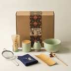 9-Piece Matcha Set - Premium Ceramic Bowl, Bamboo Whisk displayed with tools and packaging.
