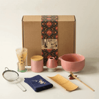 9-Piece Matcha Set - Premium Ceramic Bowl, Bamboo Whisk displayed with packaging and utensils.