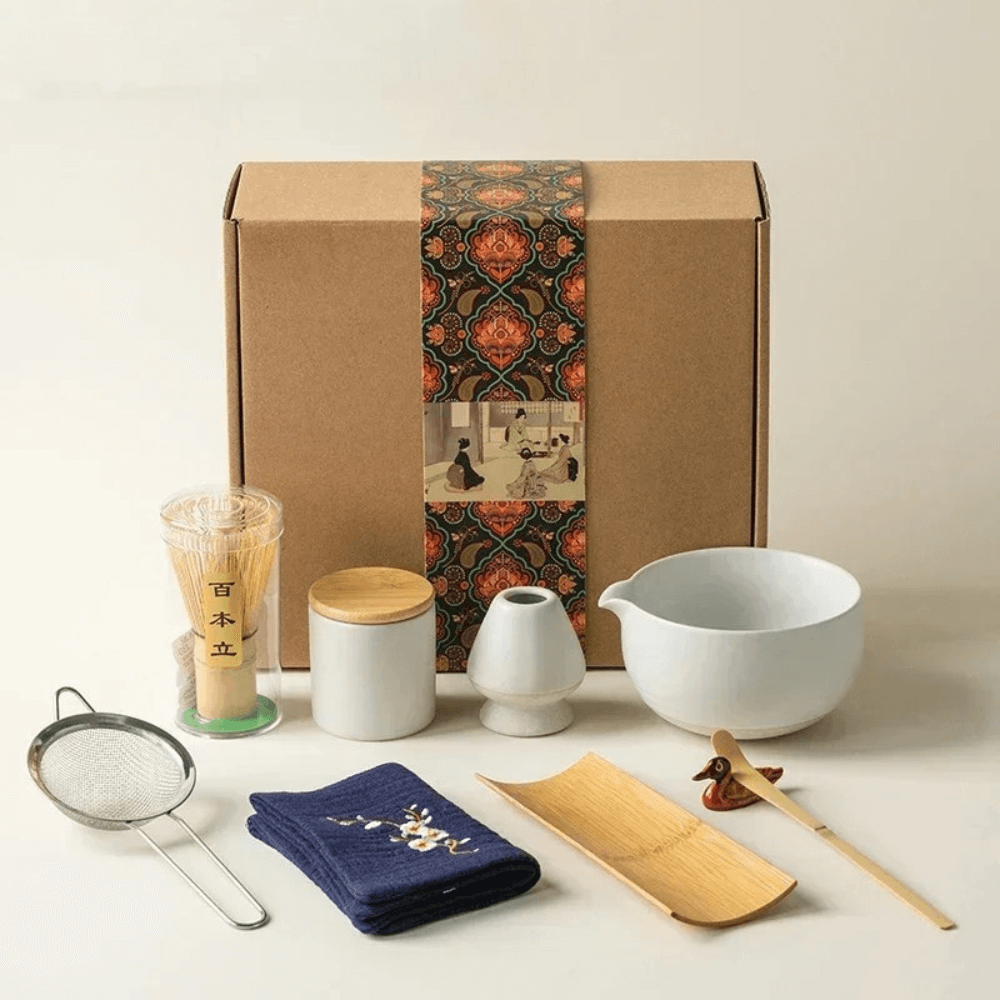 9-Piece Matcha Set - Premium Ceramic Bowl, Bamboo Whisk with matcha tools and packaging.