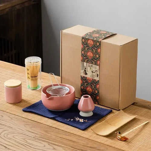 9-Piece Matcha Set - Premium Ceramic Bowl, Bamboo Whisk displayed in a beautifully packaged box with essential tools.