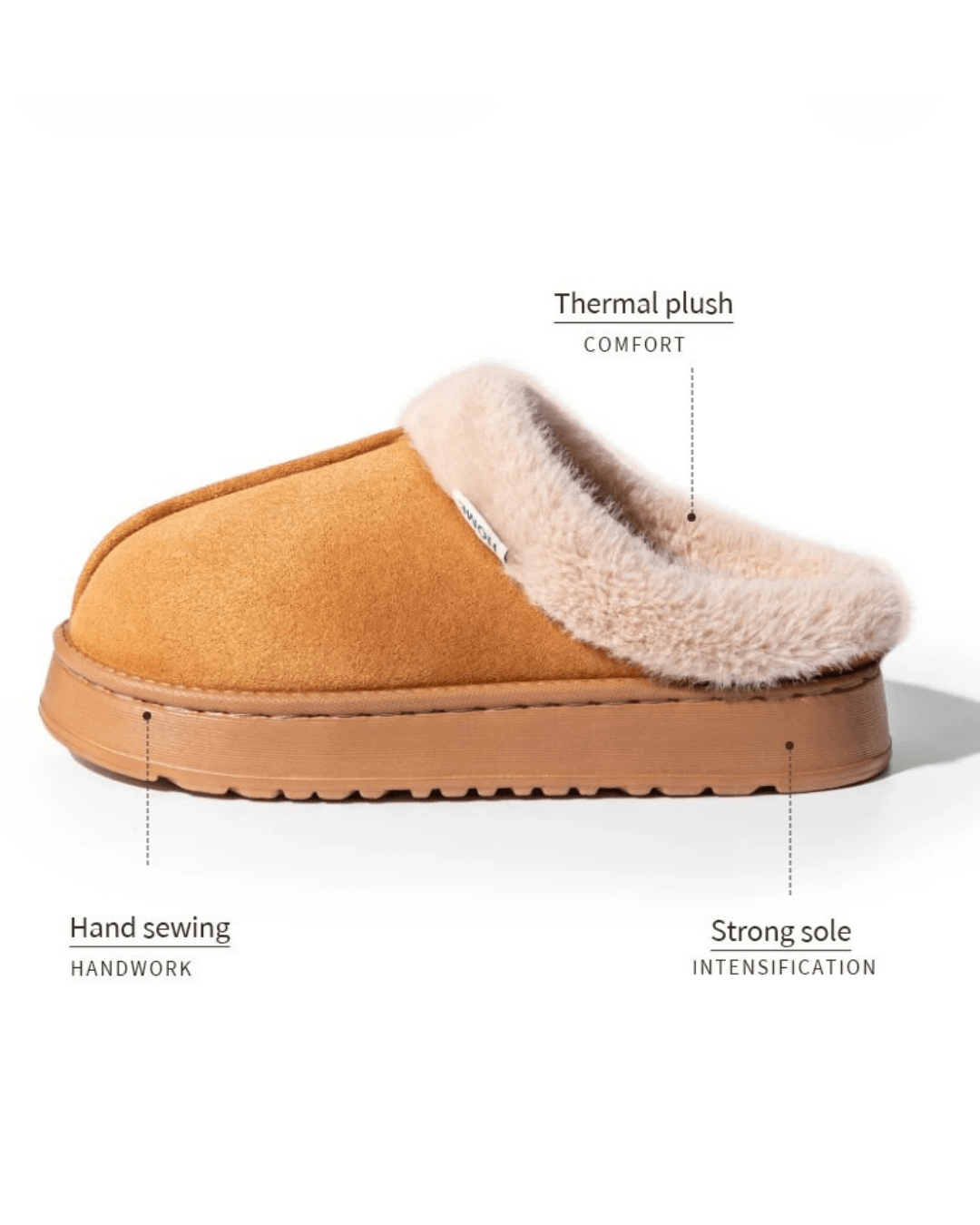 Side view of autumn and winter plush slippers featuring thermal plush lining, hand-sewn details, and a strong non-slip sole.