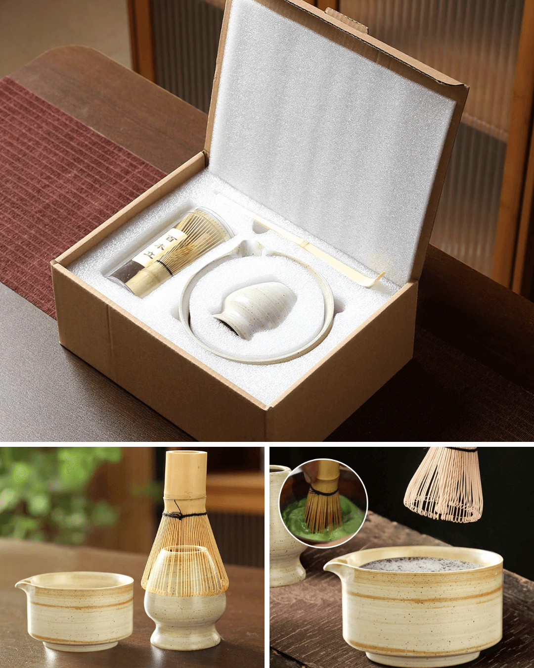 Premium ceramic matcha set in packaging with bamboo whisk, scoop, and holder for enthusiasts.
