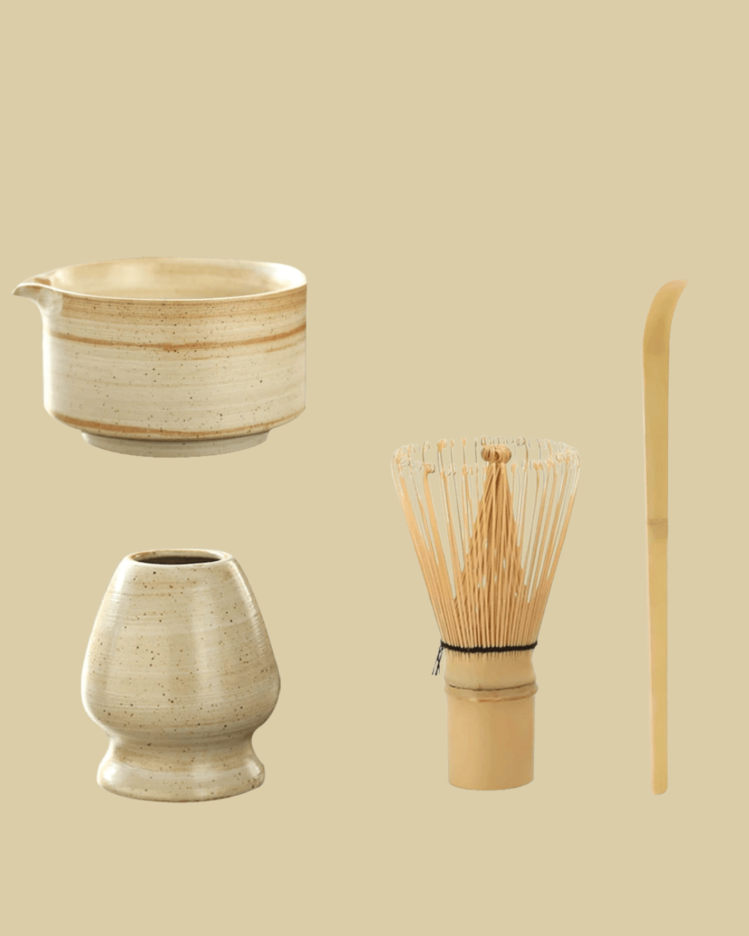 Ceramic matcha set featuring a bowl, bamboo whisk, scoop, and holder for matcha preparation.