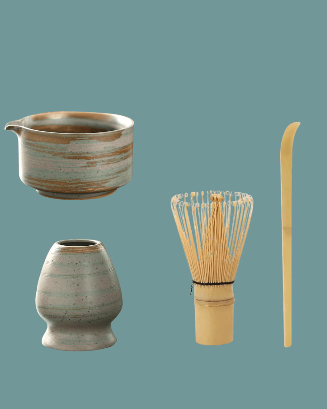 Ceramic matcha set featuring a bowl, bamboo whisk, scoop holder, and bamboo scoop for matcha enthusiasts.