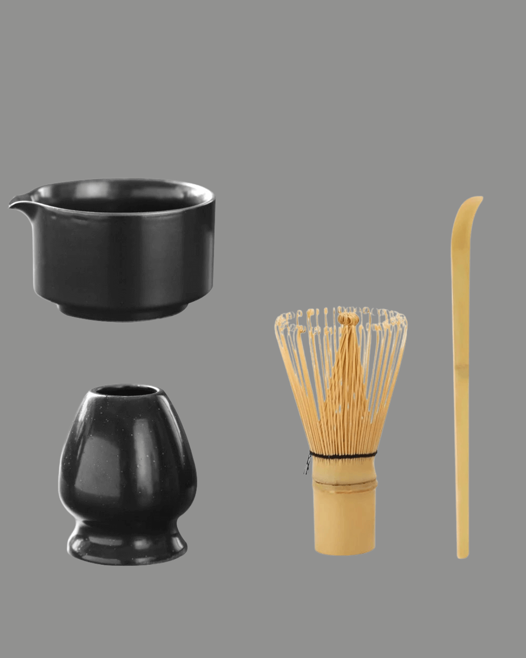 Ceramic matcha set including bowl, bamboo whisk, scoop, and holder for matcha enthusiasts.