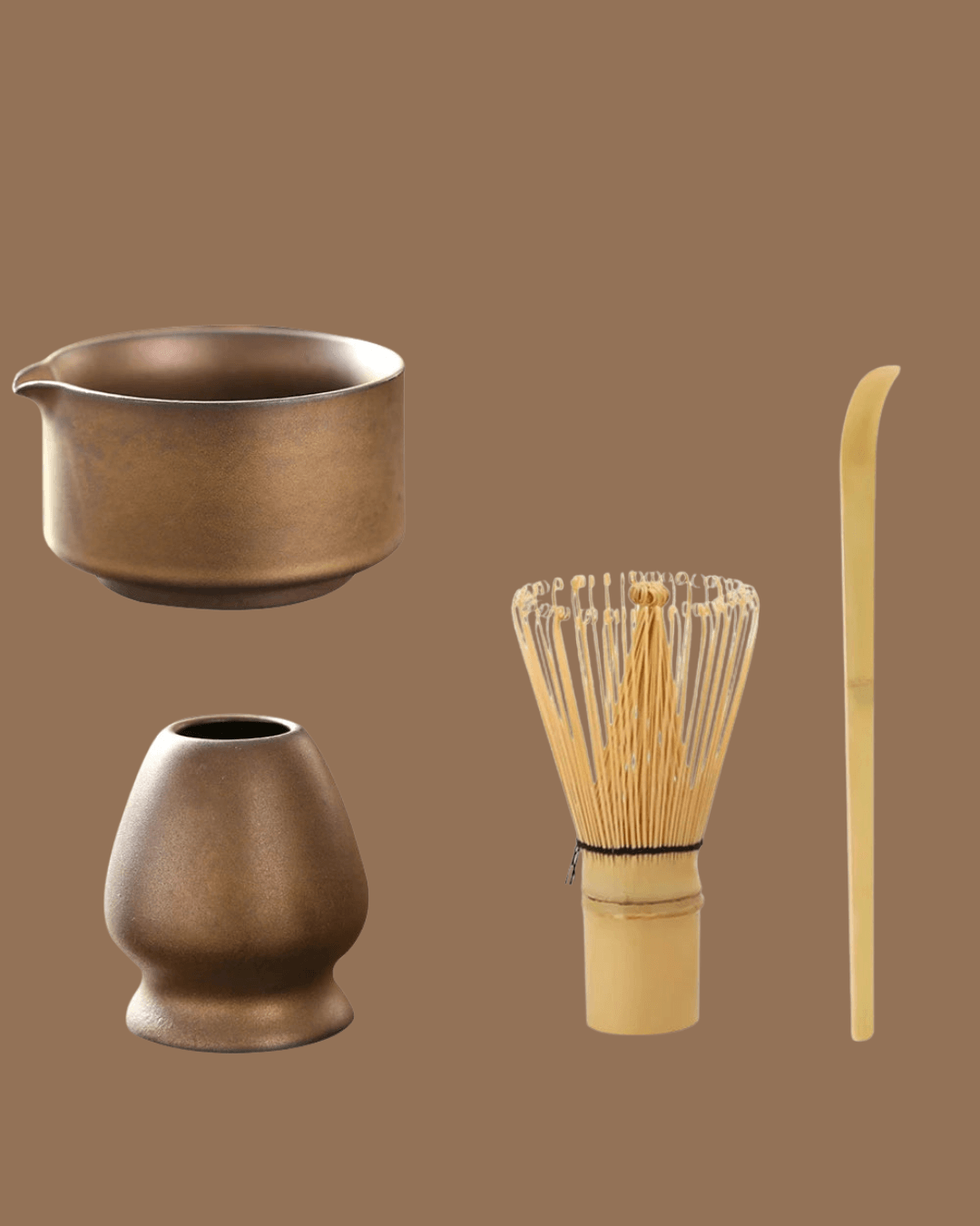Ceramic matcha set featuring a bowl, bamboo whisk, scoop, and holder for matcha enthusiasts.