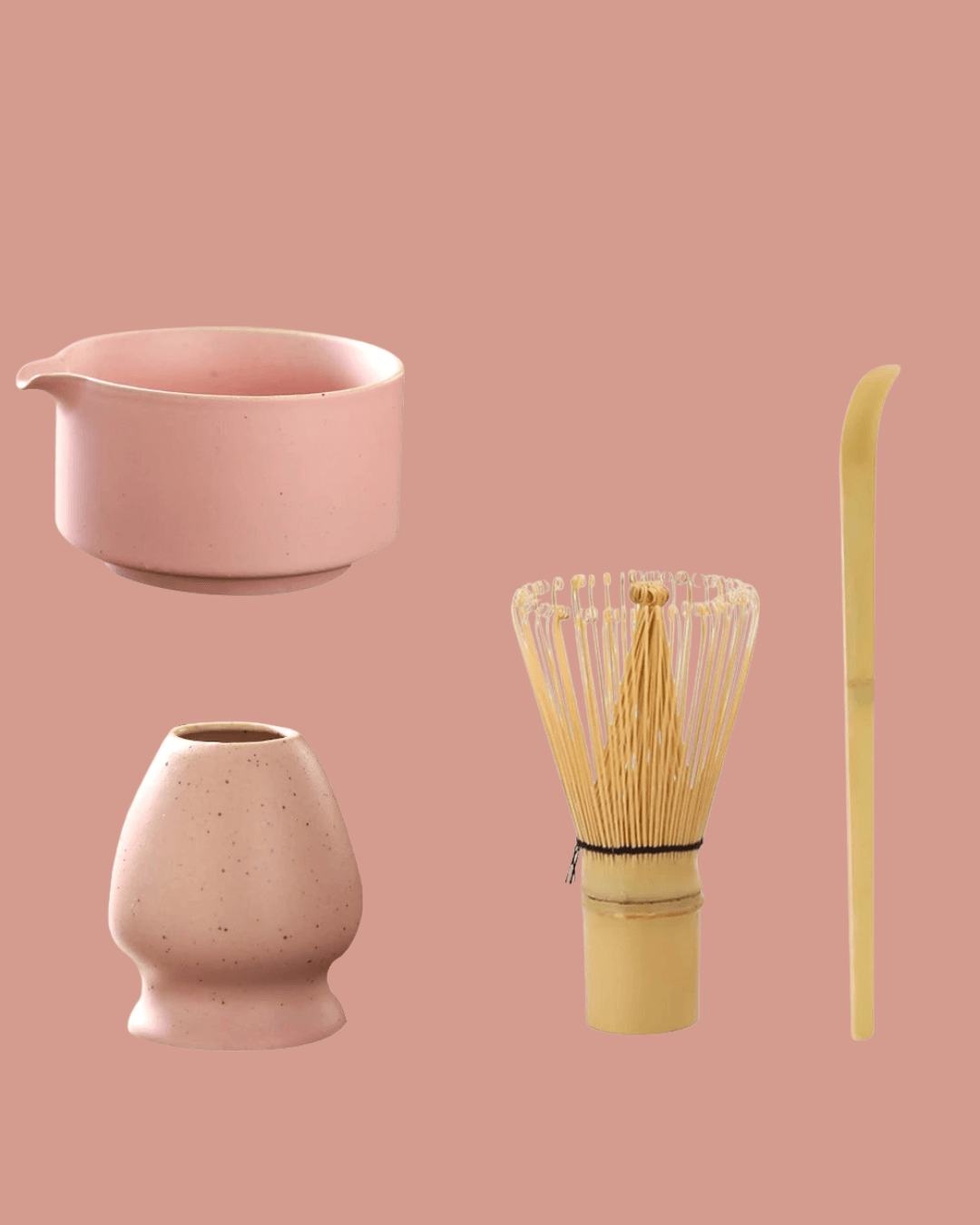 Premium ceramic matcha set featuring bowl, bamboo whisk, holder, and scoop for matcha enthusiasts.