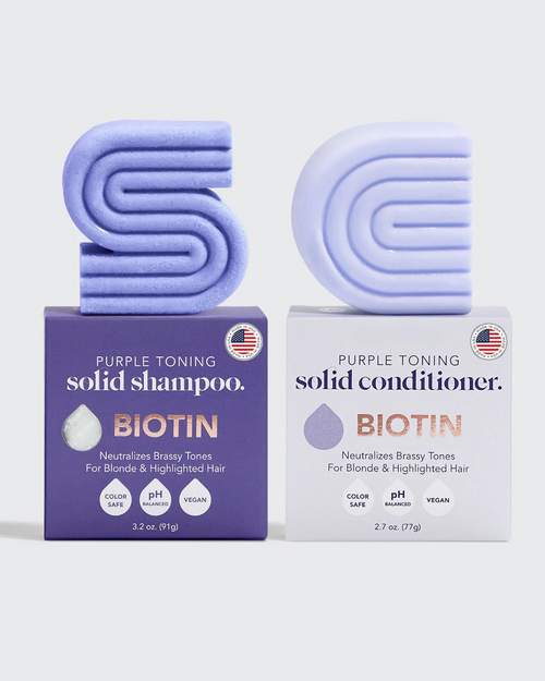 Biotin purple toning shampoo and conditioner bar set for blonde and highlighted hair, eco-friendly and vegan.