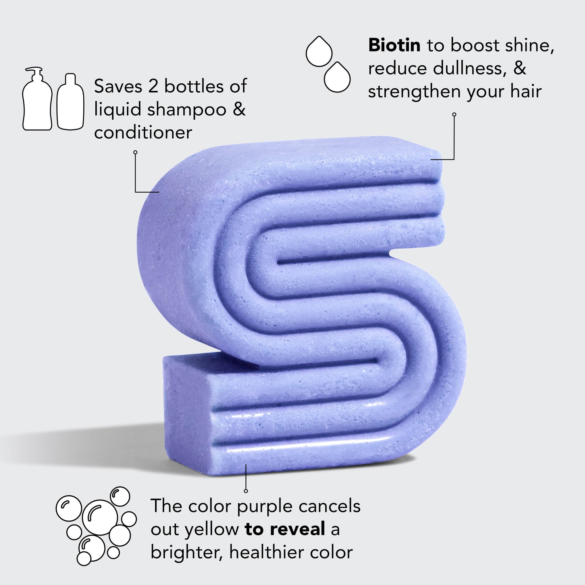 Biotin shampoo and conditioner bar, purple, eco-friendly, enhances shine, reduces brassiness for blonde and gray hair.