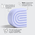 Biotin shampoo and conditioner bar that enhances brighter hair, reduces yellowness, and is eco-friendly.
