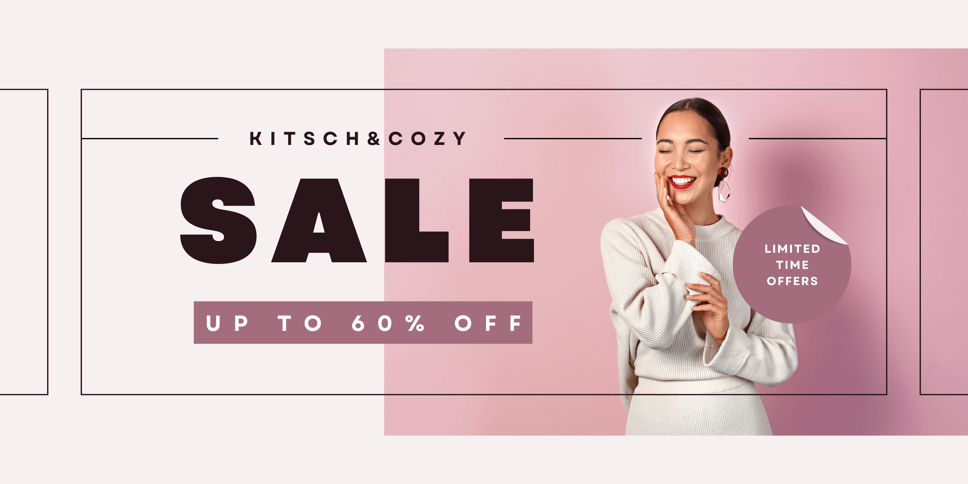Kitsch&Cozy sale banner showcasing discounts up to 60% off with a smiling model, limited time offers.