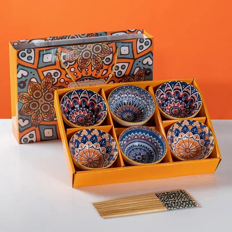 Hand-painted ceramic bowl set in gift box with chopsticks, featuring vibrant Bohemian designs for dining.