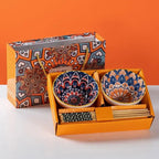 Hand-painted ceramic bowl set with chopsticks in a decorative gift box, featuring vibrant Bohemian designs.