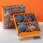 Hand-painted ceramic bowl set in vibrant Bohemian designs, packaged in gift box with chopsticks.