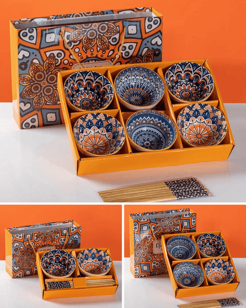 Hand-painted ceramic bowl set featuring Bohemian design, presented in an elegant gift box with chopsticks.