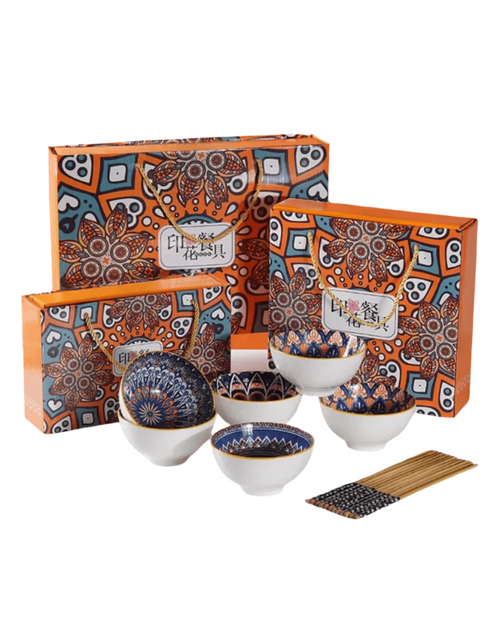 Hand-painted ceramic bowl set with colorful Bohemian design and matching chopsticks, presented in gift boxes.