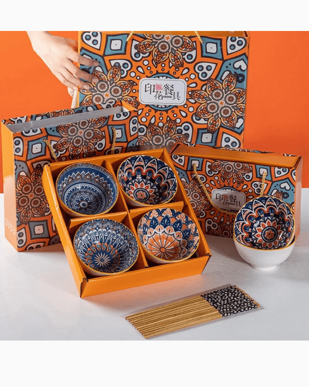 Hand-painted ceramic bowl set with chopsticks in vibrant gift box, featuring unique Bohemian designs.