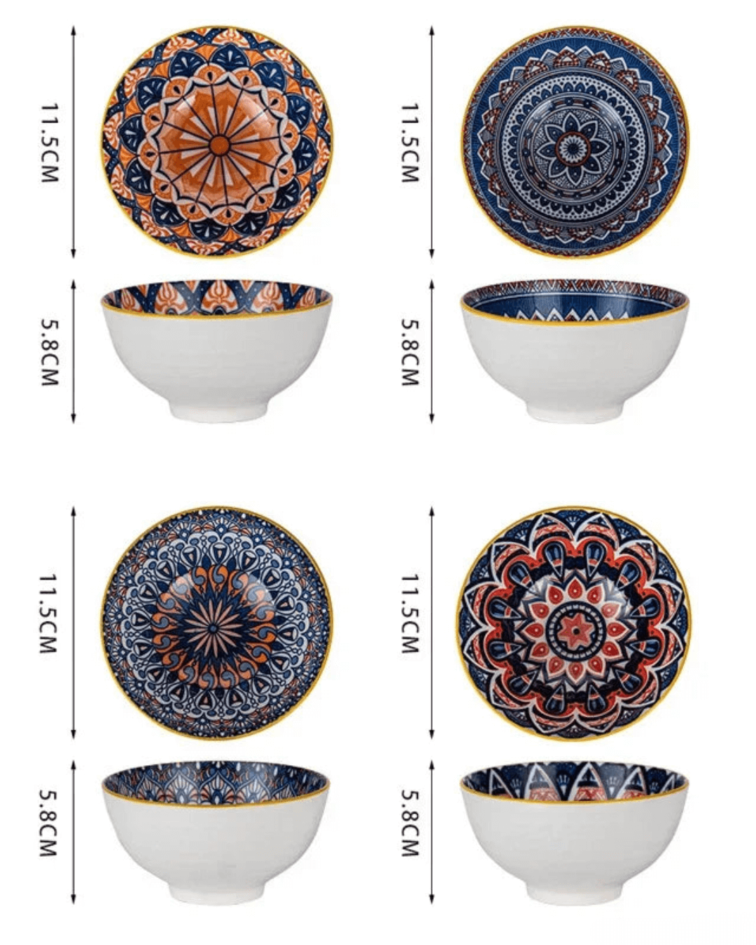 Hand-painted ceramic bowl set with unique Bohemian designs, showcasing vibrant patterns and elegant shapes.