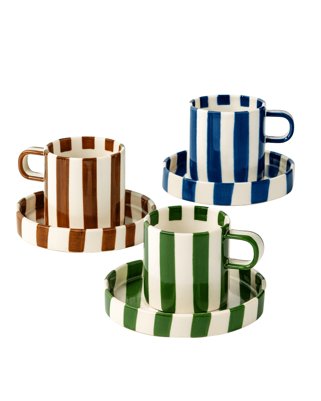 Ceramic coffee mug set with retro striped design in brown, blue, and green, paired with matching saucers.
