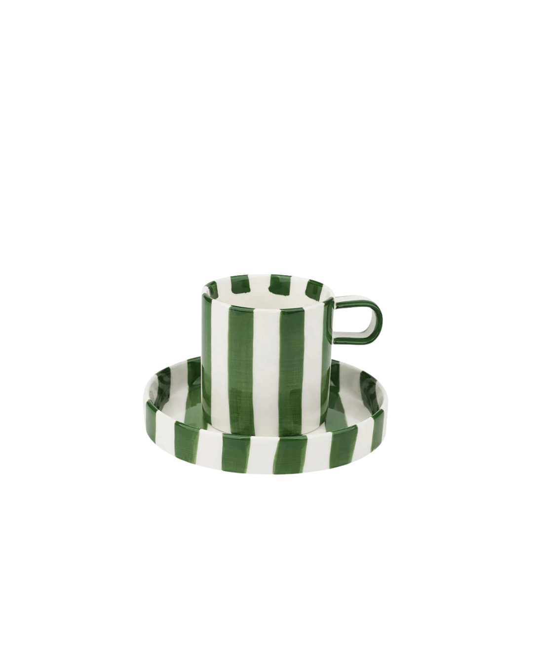 Ceramic coffee mug and saucer set with retro green striped design, perfect for tea or breakfast. Elegant and functional kitchenware.