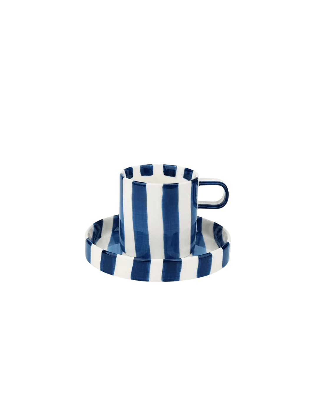 Ceramic coffee mug with retro striped design and matching saucer in navy blue and white.