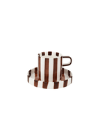 Ceramic coffee mug and saucer set with retro striped design in brown and white, perfect for tea or coffee.