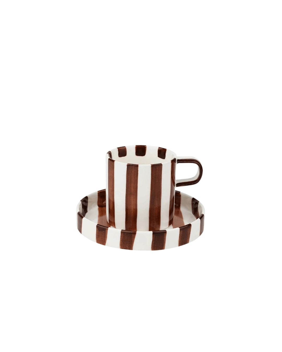 Ceramic coffee mug and saucer set with retro striped design in brown and white, perfect for tea or coffee.