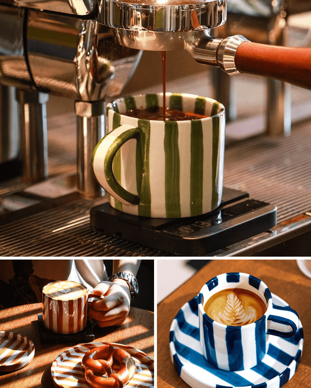 Ceramic coffee mugs with retro striped design, serving coffee and lattes on matching saucers.