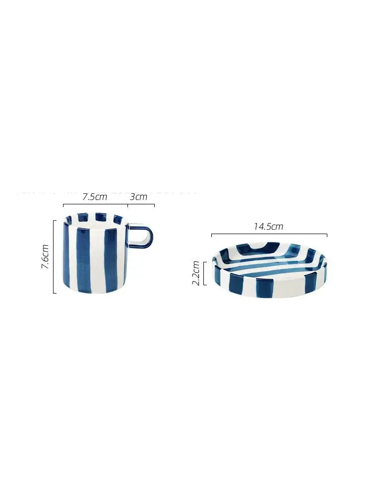 Ceramic coffee mug and matching saucer set with retro striped design, dimensions shown for both items.