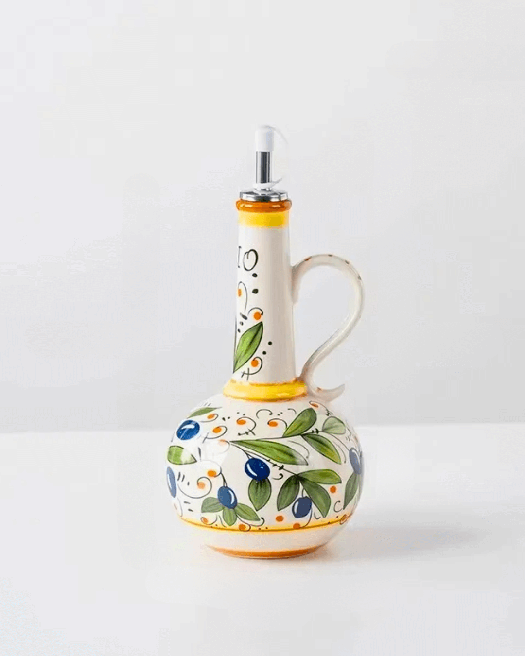 Hand-painted ceramic olive oil dispenser with leak-proof spout, featuring vibrant floral designs and glossy finish.