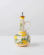 Hand-painted ceramic olive oil dispenser 550ml with lemon design and metal spout, ideal for kitchen decor.