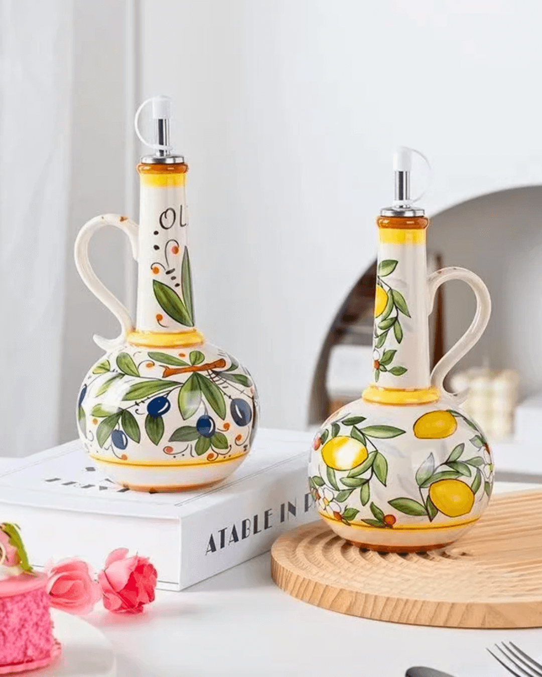 Hand-painted ceramic olive oil dispensers, featuring colorful designs and drip-free spouts, perfect for kitchen decor.