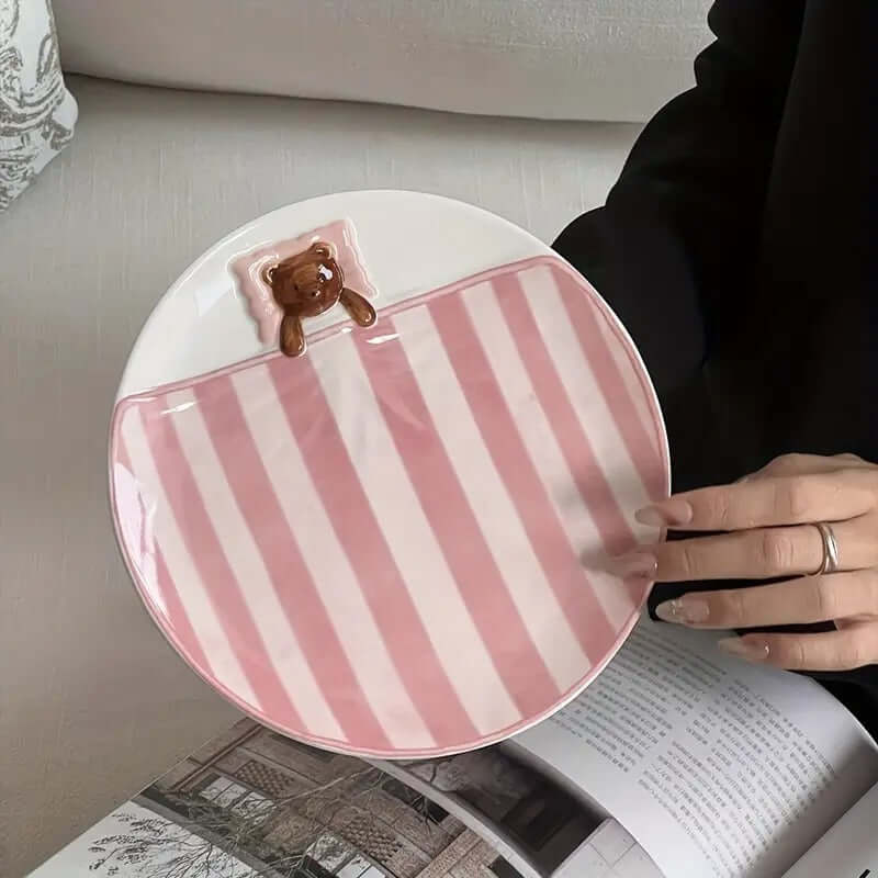 Ceramic plate from the Sweet Dream Bear Tableware Set, pink striped design with a cute bear accent.