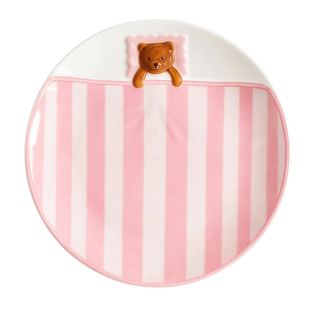Ceramic plate with pink stripes and a cute bear design, part of the Sweet Dream Bear Tableware Set.