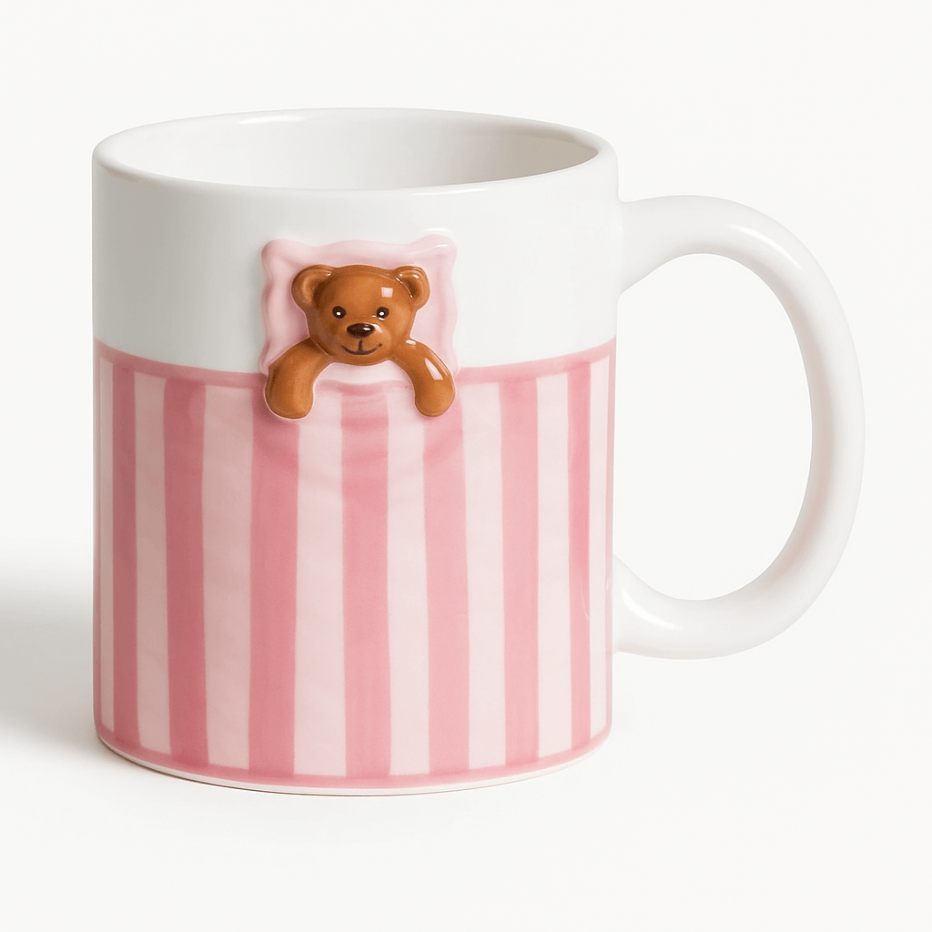 Ceramic mug with Sweet Dream Bear design, featuring a cute bear peeking from pink striped pattern.