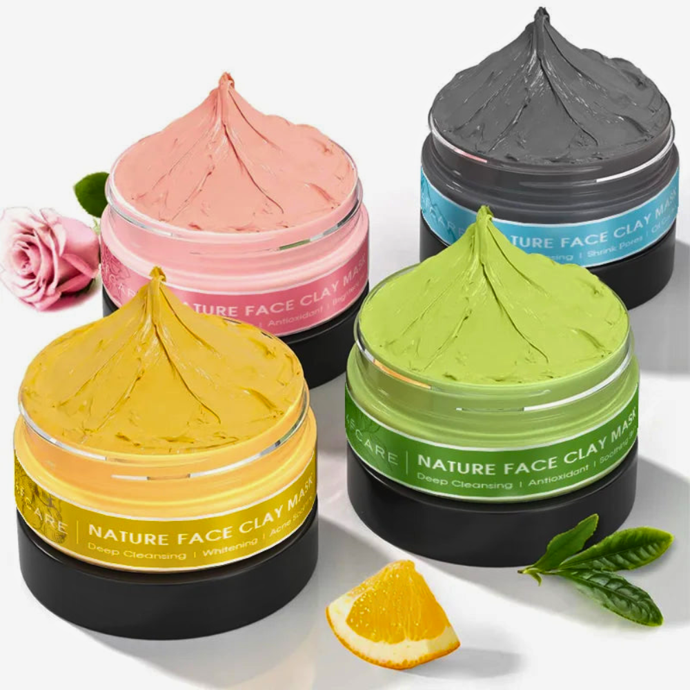 4-in-1 clay face mask set in jars: turmeric, green tea, pink rose, and charcoal masks for deep cleansing and hydration.