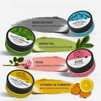 4-in-1 clay mask set featuring Dead Sea Mud, Green Tea, Rose, and Vitamin C & Turmeric for deep cleansing and hydration.