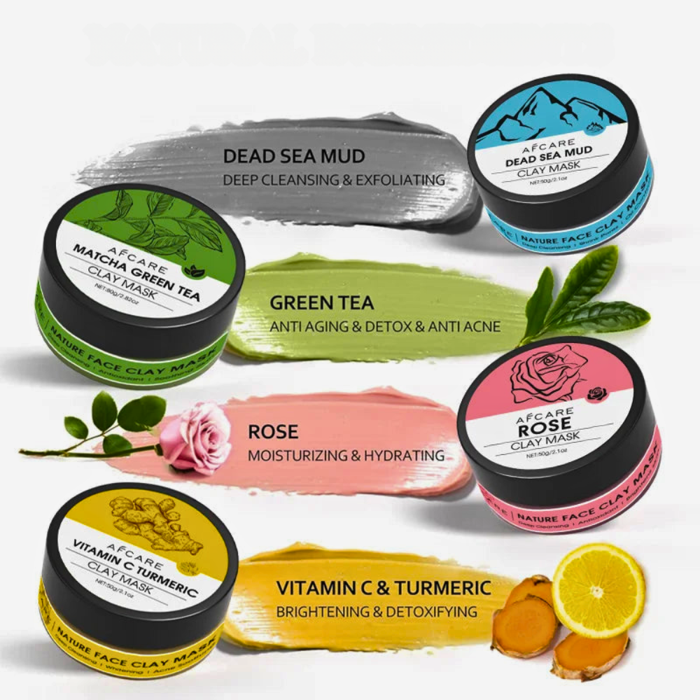 4-in-1 clay mask set featuring Dead Sea Mud, Green Tea, Rose, and Vitamin C & Turmeric for deep cleansing and hydration.