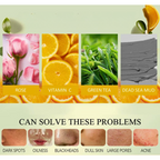 Clay face mask ingredients: Rose, Vitamin C, Green Tea, Dead Sea Mud; targets dark spots, oiliness, blackheads, and dull skin.