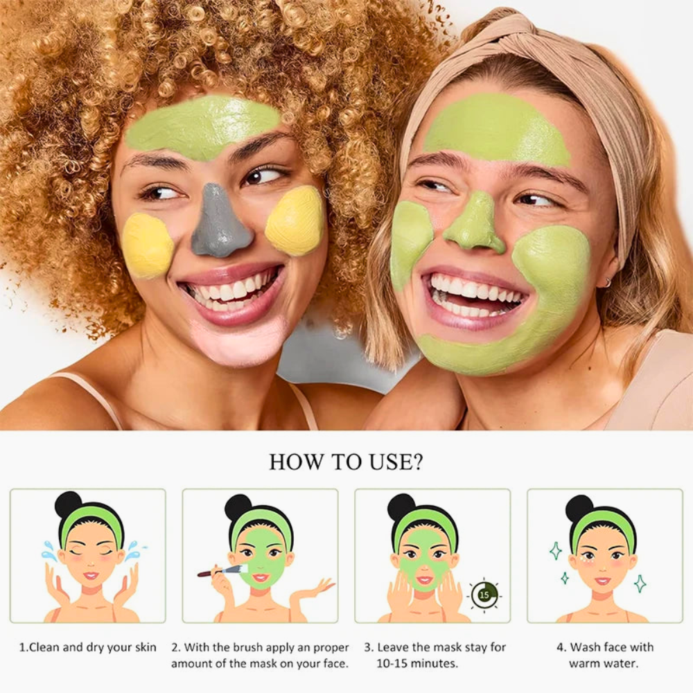 Two women applying clay face masks with instructions on how to use the 4-in-1 skincare set below them.