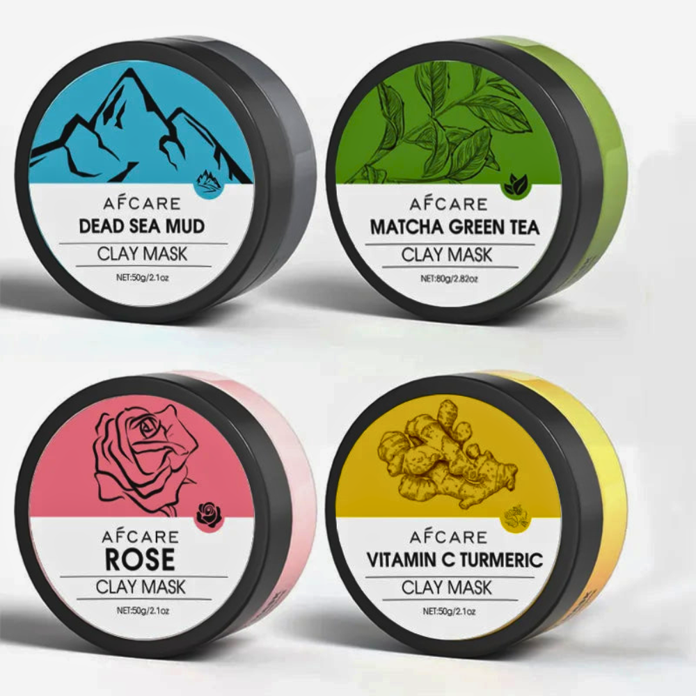 Clay face mask set featuring Dead Sea Mud, Matcha Green Tea, Rose, and Vitamin C Turmeric for skincare routine.