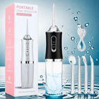 Cordless water flosser with USB charger, 3 modes, and 4 tips, ideal for oral hygiene.